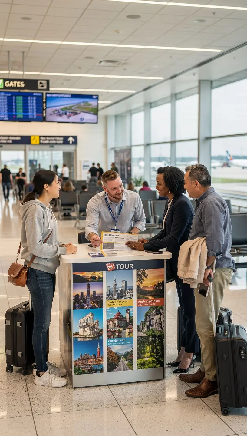 Автобус с логотипом туроператора ожидает участников мини-тура возле зоны прилёта.